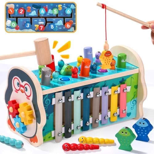 funsonjoy Jouet Bebe 1 An Fille, Jouet Enfant Montessori 1 An, Cadeau Enfant Bebe 1 2 3 An Fille Garcon, 6 en 1 Jeux Bois Bebe 1 An avec Jeu de Taupe & Jeu de Pêche & Xylophone Bebe & Horloge Jeu 1 An