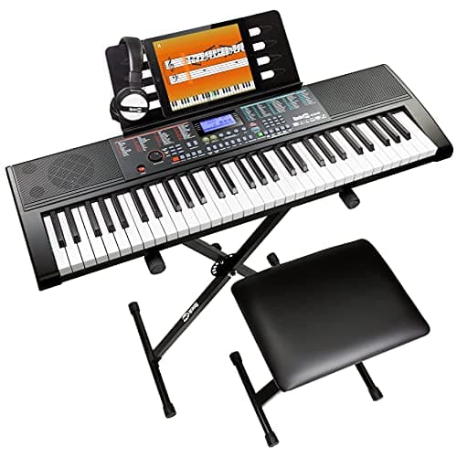 RockJam RJ660 Kit Clavier Piano 61 Touches, 600 Sons, Support et Banc | Synthétiseur débutant 61 touches avec 600 sons, support, banc, casque, autocollants de notes et cours Simply Piano