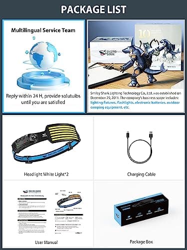 Smiling Shark Lampe Frontale LED, 2 Pièces Angle Large 6*LED Bandes Lumineuses Blanche Headlamps Rechargeable Capteur de Motion Étanche pour Camping