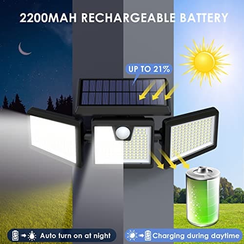 Lampes Solaires Extérieur à Détecteur de Mouvement, 3500LM 341LED Lumières Solaires avec 3 Têtes Réglables, 270° éclairage Grand Angle IP65 Projecteur Solaire éclairage Mural d'extérieur - 2 Pack