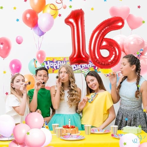Ballons Anniversaire 16 Rouge - 100cm - Ballon Chiffre 16 Numéro 16 - Happy Birthday Decoration Ballons Fête d'anniversaire Ans Vole Grâce à l'Hèlium 16