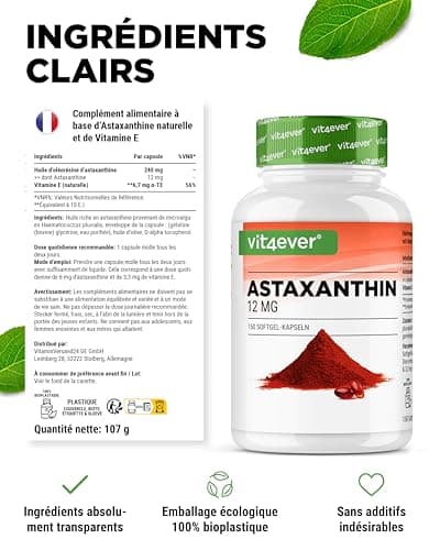 Astaxanthine 12 mg Depot - 150 capsules softgel - A partir de microalgues Haematococcus Pluvialis pures - Biodisponibilité optimisée avec de la vitamine E et de l'huile d'olive