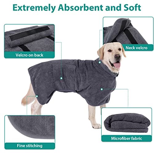 PETTOM Peignoir Chien Super Absorbante en Microfibre, Serviette de Bain pour Chien Séchage Rapide, Peignoir de Bain pour Chien Réglable (Gris, M)