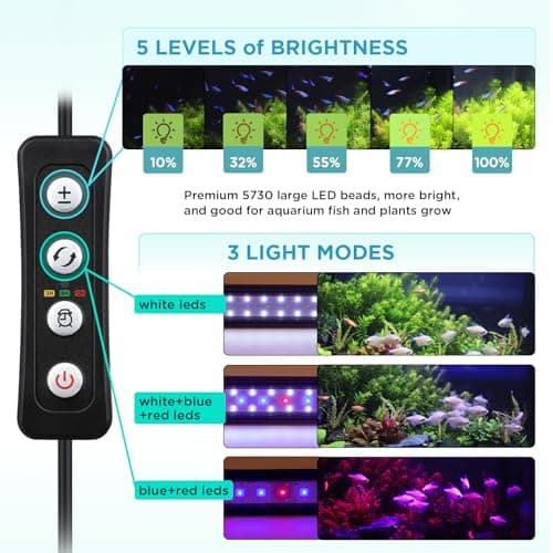 Hygger 9W Lampe Led Aquarium, 28-48cm Rampe Led avec Minuterie, Dimmable, Support reglable, pour Eclairage(Blanc, Bleu, Rouge)