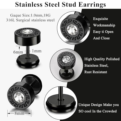 JeweBella 15Paires Boucles d'Oreilles Homme Acier Inoxydable Boucles d'Oreilles Créoles Boucles d'Oreilles Pendantes Croix Piercing Cartilage Boucles d'Oreilles Noires/Argent pour Hommes Femmes