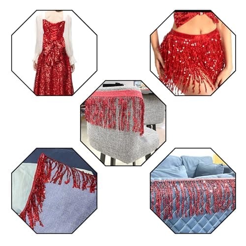 OHYER 3 mètres de long (x 16cm de large) Ruban à franges Paillettes pour costume Franges Garniture Dentelle Jupes paillettes or Jupes de Franges Danse du Ventre à Franges Accessoires rouge BRICOLAGE