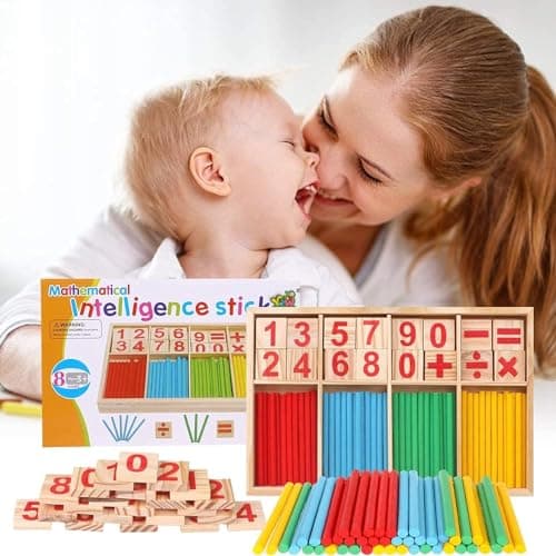 QHFlashbuy Jouet Montessori Mathématiques,Jeu Numérique Bâtons avec Blocs et Bâtons Comptage,Enfant Jeux Mathématiques Bois Bâtons 3 Ans et +