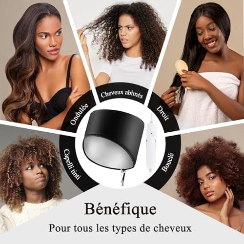 Casque Chauffant Cheveux Vapeur Soin - Charlotte Chauffante pour Cheveux Crepus Afro Bouclés Bonnet Masque Capillaire Salon Hair Cap Spa Maison Proteine Coloration Sèche Cheveux (Noir de jais)