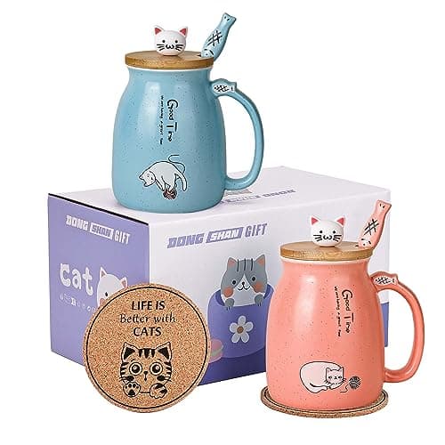 DONGSHANGIFT Set de 2 Tasse à thé et café en forme de chat en céramique avec couvercle Kawaii Mugs mignons pour femmes 500ml Noël Anniversaire cadeau (Bleu et rose)