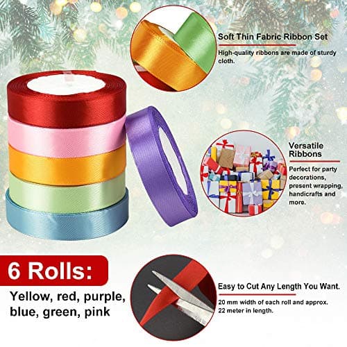 DECARETA 6 Rouleaux de Ruban Satin 22m*2cm Ruban de Soie Rubans de Couleur Ruban Satin Mariage Celebrate Ruban de Noël Coupable Rubans pour Emballage Cadeau, Decoratif, Bricolage, Artisanat