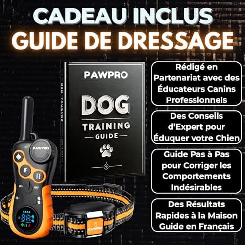 PAWPRO Collier de Dressage, Portée de 3km, Mode Lumière Nocturne, Guide de Dressage Inclus, 124 Niveaux d’Entraînement, BIP Vibration Choc, Adapté à Tous Les Chiens, Étanche Rechargeable, Marque FR