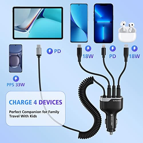 SUNDAREE Chargeur Voiture USB C,60W 4 Multi Port 12V PD QC Type C 1.8M Câble Spiralé Rapide Charge Prise Allume Cigare Automobile Chargeur for Xiaomi Redmi Note 11/Samsung Galaxy A22/iPhone 14/ Honor