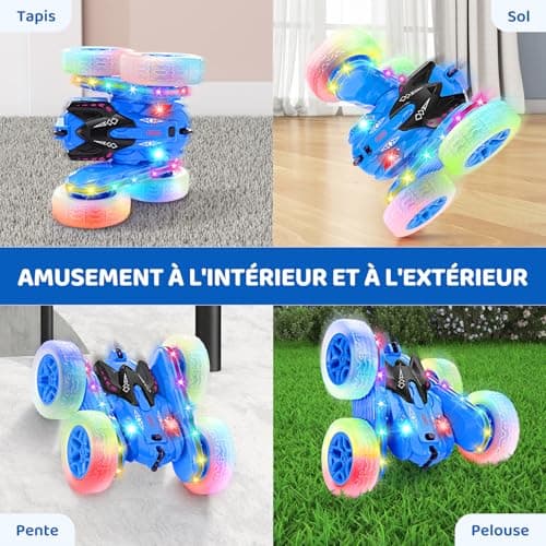 SGILE Voiture Télécommandée, Voiture Cascadeuse avec Bandes Lumineuses Latérales et Phares, 2.4Ghz, Rotations à 360°, Voiture RC Rechargeable Jouet pour Garçons Filles Cadeau d'anniversaire, Bleue