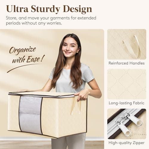 Lifewit Lot de 6 Sac Rangement Vetement 60L, Boite Rangement Déménagement Bac de Rangement pour Vêtements, Couvertures, Couettes, Caisse Rangement Pliable avec Poignée Renforcée, Beige
