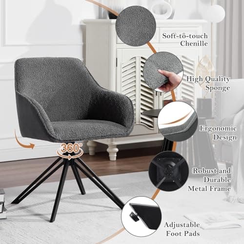 WOLTU Chaise Salle à Manger Pivotante, Lot de 2, Chaise Cuisine, Chaise Scandinave, Ergonomique, avec Dossier et Accoudoirs, Pieds en Métal, Tissu Bouclette, Gris Foncé, EZS11dgr-2