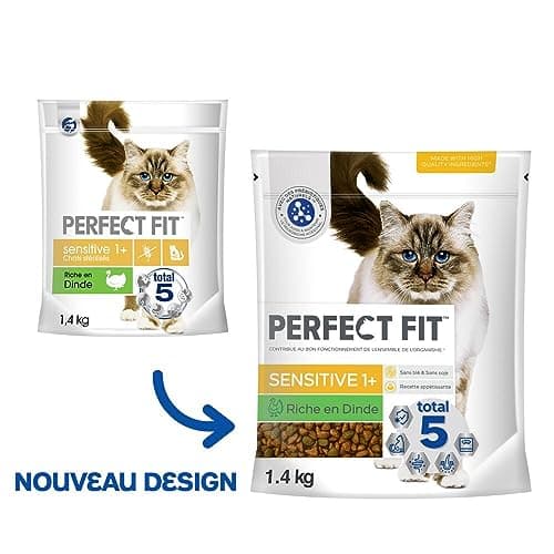 PERFECT FIT Adulte 1+ Croquettes pour chat adulte – Répond à des besoins spécifiques d'un chat stérilisé – Nourriture Riche en Dinde – 1,4 kg (Lot de 5)