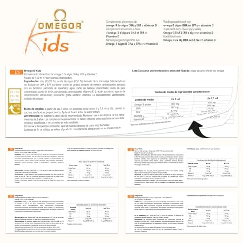 OMEGOR® Kids avec oméga-3 végétal DHA pour enfants 250 mg de DHA et 125 mg d'EPA à partir d'huile d'algue | Miel et jus de fruits | Avec de la vitamine D3 | Bouteille de 150 ml avec cuillère.