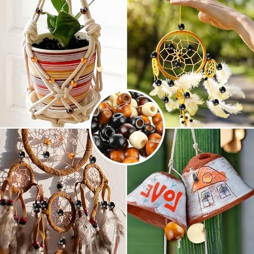 Andibro Lot de 200 perles en bois, 5 couleurs, grands trous, pour le bricolage, les dreadlocks, les tresses de cheveux, le macramé, la fabrication de bijoux