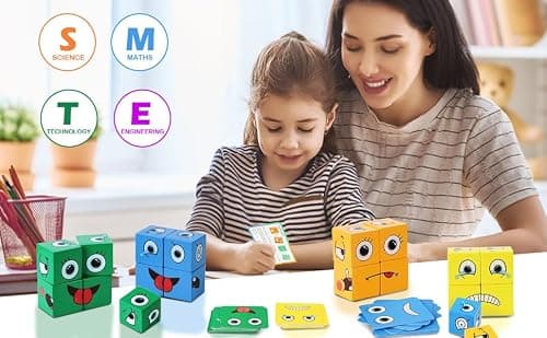 QHFlashbuy Jouet Montessori,Puzzle de Expression en Bois,Expressions en Bois Matching Block Puzzles,Cubes Face Change Cube Jeu,IQ Puzzle de Visage Jouet pour Enfant de Plus de 3 an
