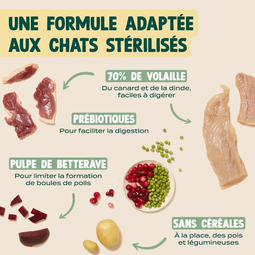 FRANKLIN – Croquettes Chat Stérilisé – 70% de Dinde et de Canard – 1 kg | Sans Céréales – Riche en Protéines – Contrôle du poids – Anti-boules de Poil – Taille 9 mm – Fermeture Intégrée