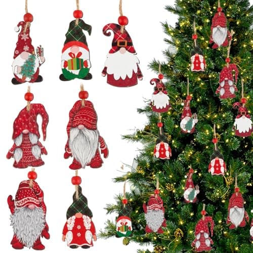 21PCS Décorations de Noël Ornement Pendentif en Bois Gnomes de Noël avec Corde et Perle Ornements à Suspendre avec Boîtes de Rangement Décoration Sapin Chambre Cadeau de Noël