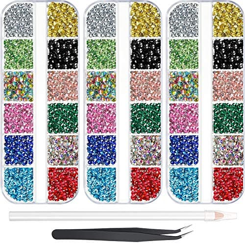 Hotfix Lot de 9 000 strass ronds en verre thermocollant, 3 tailles, 12 couleurs, avec pince à épiler et 1 stylo de prélèvement pour manucure, art du visage