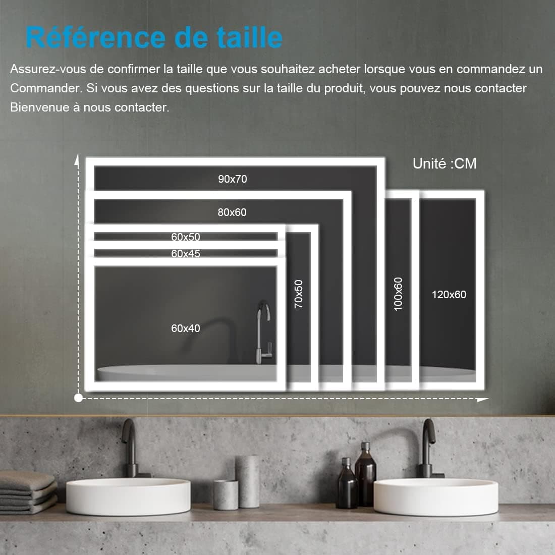 Heilmetz Miroir Salle de Bain 80 x 60 cm, Miroir Salle de Bain avec eclairage, Interrupteur Tactile, Anti-buée, Loupe 3X, 3 Couleurs de lumière, Horizontal/Vertical, Fonction Mémoire