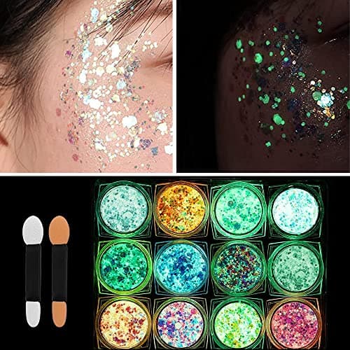 KUIRUNRX® Lumineuse Paillettes Gel,12 Couleurs Maquillage Paillettes Glitter,Holographique Paillettes Set,Paillettes de Corps,Fluorescent Paillette pour Visage,Corps, Cheveux,Mascarade,Halloween,Fête