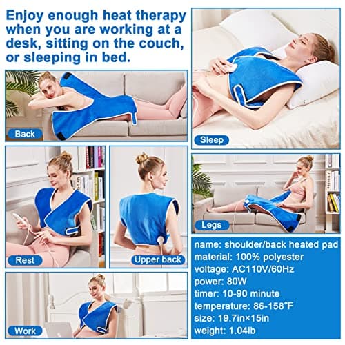 JOBYNA Coussin chauffant électrique pour épaule et dos, Bandoulière chauffante pour crampes, douleurs musculaires, Coussin de Thermothérapie, lavable, Arrêt automatique, réglable de 30 à 70°C, 90x77cm