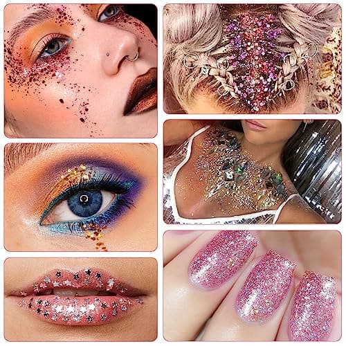 10 bouteilles de paillettes fluorescentes pour visage, corps et cheveux. Idéal pour festivals et maquillage scintillant. Longue tenue, facile à appliquer pour femmes et hommes
