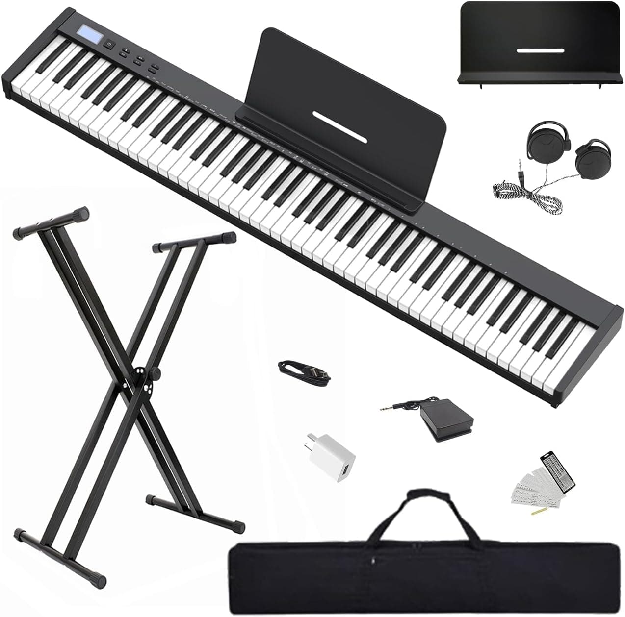 【Pack complet avec support】Longeye Piano Numérique 88 Touches Clavier Électrique Semi-Lesté Compact et Portable pour Débutants, Sac de Transport, Pupitre, Pédale de Sustain,Noir (Slim-88)