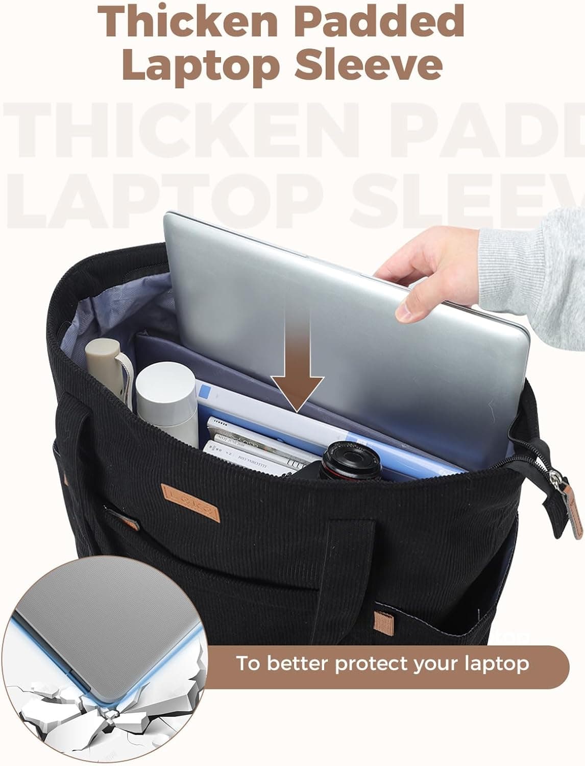 Lekesping Sac Fourre-Tout Femme Grand en Velours Côtelé, Bandouliere Cabas avec Fermeture Éclair et Poches, Léger Sac a Main Ordinateur 17 Pouces pour Voyage Shopping Université et Usage Quotidien