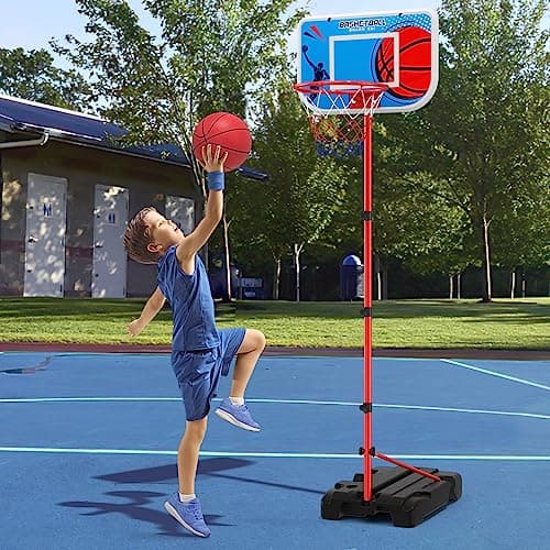 HYES Panier de Basket Exterieur Panier Basket Enfant, Réglable Hauteur Basket Interieur avec Pompe et 4 Ballon pour Jeux Exterieur Enfants