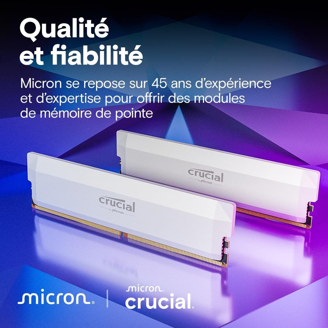Crucial Pro RAM DDR5 32Go Kit (2x16Go) 6400MHz CL38, Overclocking Gaming, Intel XMP 3.0 / AMD Expo, PC Mémoire, Blanc - CP2K16G64C38U5W