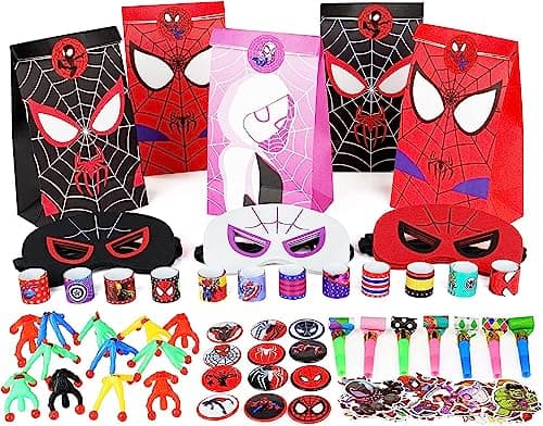 122 Pièce Spiderman Party Jouet Sac Cadeau Anniversaire Enfant Super Heros Sac Cadeau Masque en Feutre Spiderman Autocollants et Autres Ensembles Cadeaux Slap Bracelets Pour Cadeau Anniversaire Enfant