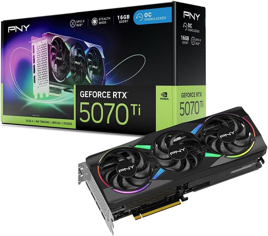 PNY Carte Graphique GeForce RTXTM 5070Ti 16Go ARGB OC Triple Fan DLSS 4 | 16 Go GDDR7, 256 bits, vitesse boostée : 2640 MHz, PCIe® 5.0, HDMI®/DP 2.1, NVIDIA Blackwell Architecture, DLSS 4.5