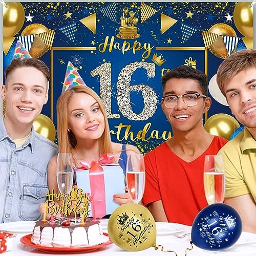 Deco Anniversaire 16 Ans, VICTERR Bleu Or Decoration Anniversaire 16 Ans Garcon Fille Banderole Joyeux Anniversaire Triangle Bannière Bleu Or Confettis Ballon, 16 Ans Anniversaire Décoration Fête