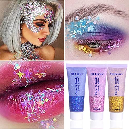 Miioto Gel Paillettes Visage,Paillette Cheveux Visage,Maquillage Paillette Paillettes Corps,Sequins Glitter pour Cosmétique Visage Lèvres Ongles Festival Fête Maquillage Décoration 3 Couleurs (A)