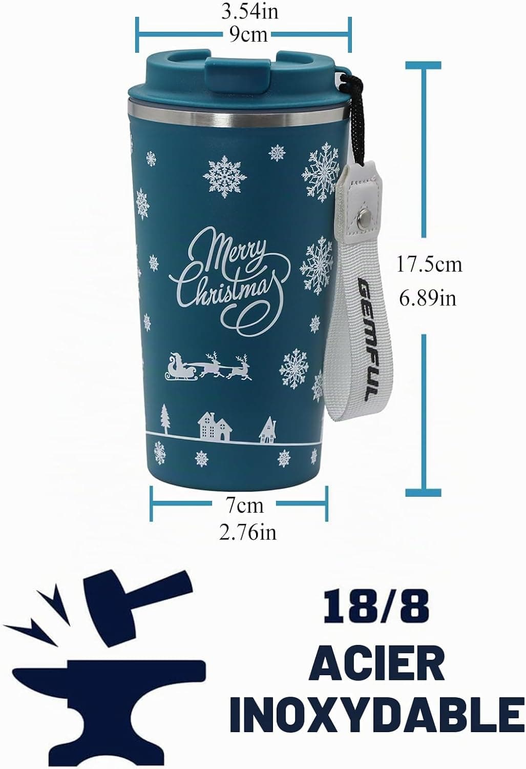 GEMFUL Mug de voyage isotherme caféine, 510 ml, en acier inoxydable à double paroi, anti-fuite, cadeau pour homme et femme