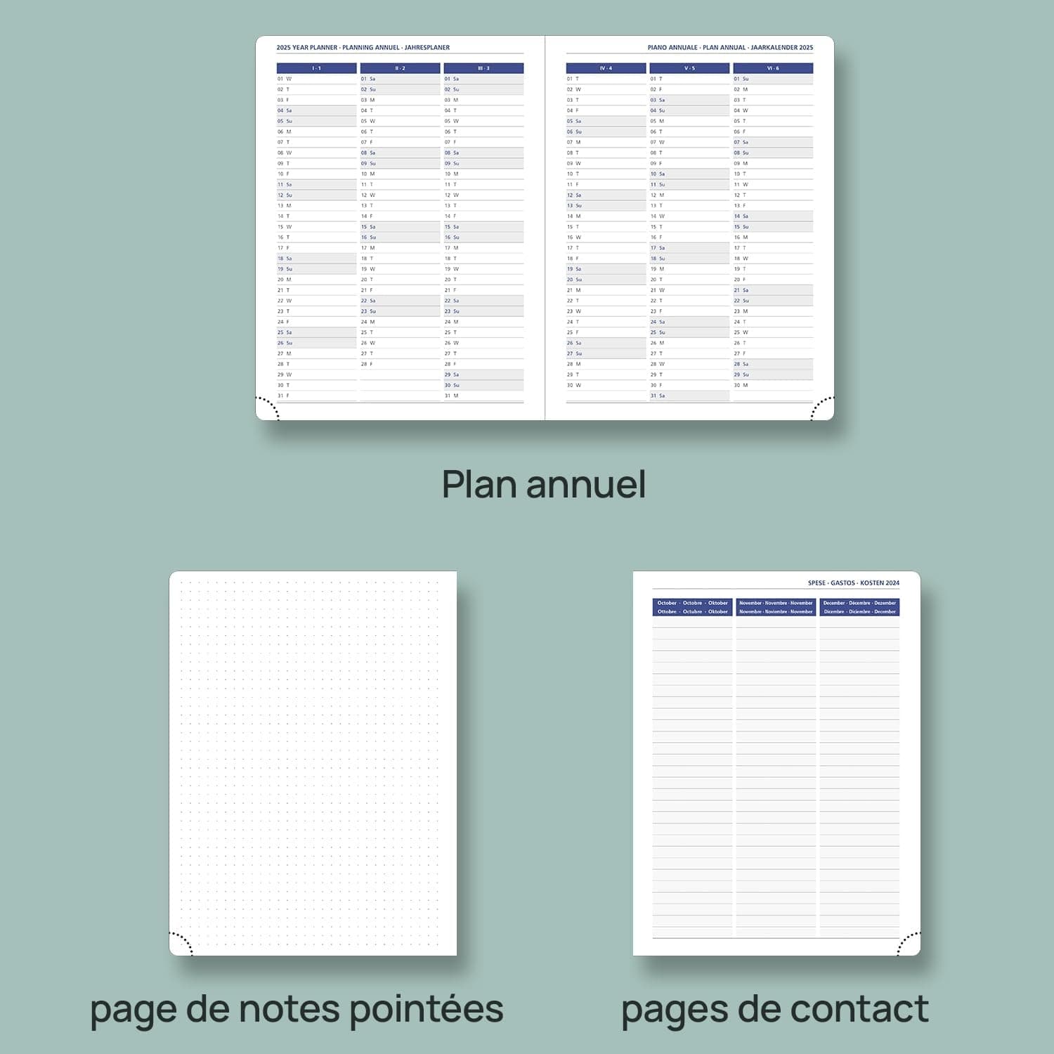POPRUN Agenda 2025 Semainier 22 x 16,5 cm De Août 2024 à Déc 2025, Premium Planner Scolaire 17 Mois, Couvercle en cuir de coton PU, Onglets Mensuels, Papier Certifié 100 g/m2 - Forêt Vert