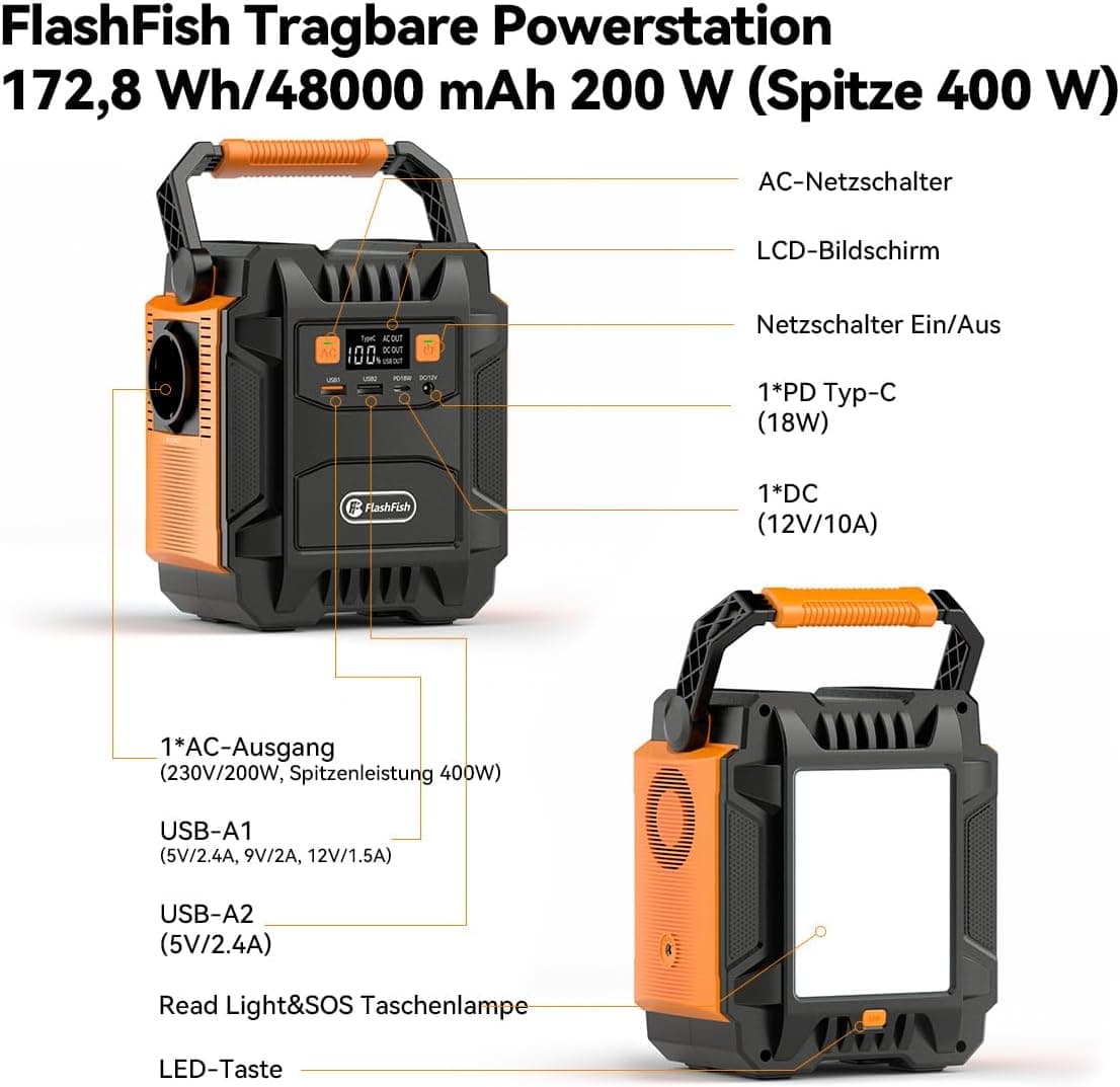 FlashFish Station d'alimentation portable 172,8 Wh avec panneau solaire 100 W