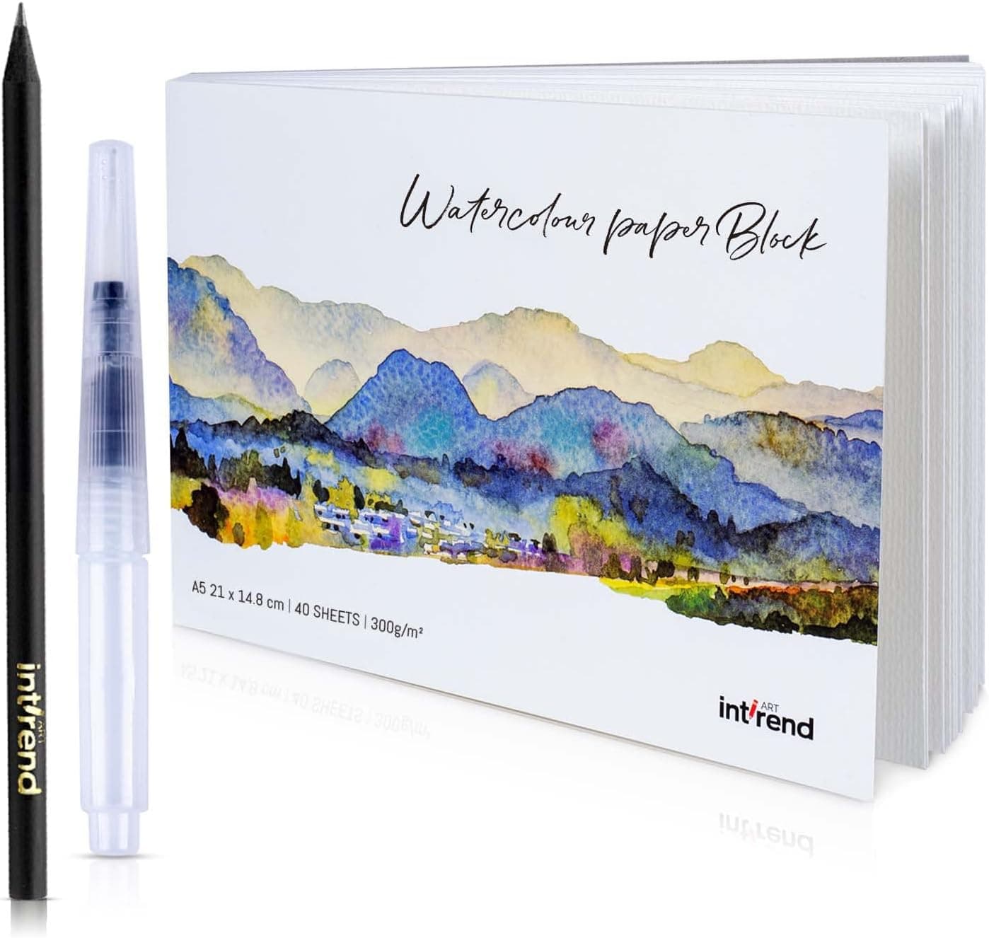 int!rend Carnet de Papier Aquarelle A5-40 Feuilles 300g - inclus 1 Crayon Aquarellable + 1 Stylo Pinceau à Réserve d'Eau - Materiel Dessin pour Peinture Aquarelle