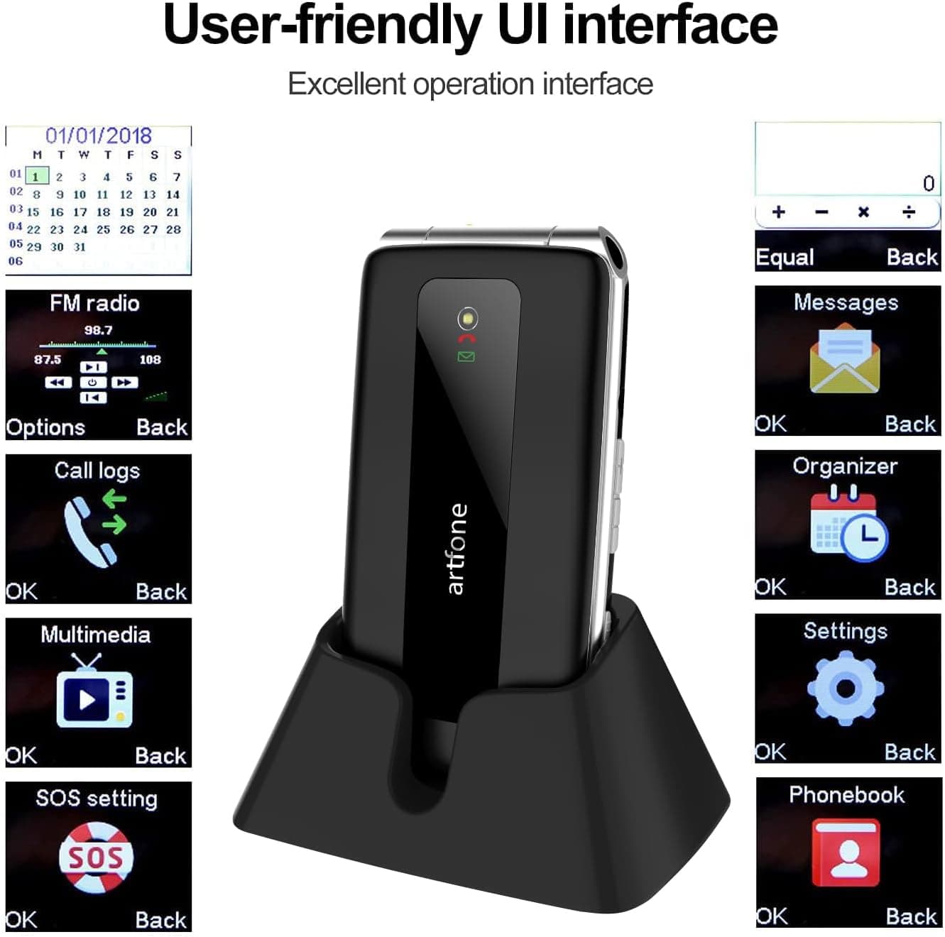 artfone F30 Noir - 4G Telephone Portable Senior Débloqué丨Téléphone Portable à Clapet avec Grandes Touches丨Bouton SOS丨écran de 2.4" 丨Station de Charge丨Fonction de Rappel de l'heure丨Radio FM