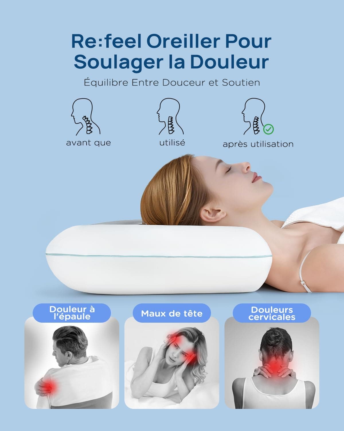 Releep Oreiller Moelleux rafraîchissant, 40x60 Oreiller en Mousse à mémoire de Forme