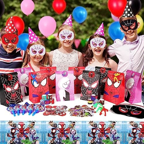 122 Pièce Spiderman Party Jouet Sac Cadeau Anniversaire Enfant Super Heros Sac Cadeau Masque en Feutre Spiderman Autocollants et Autres Ensembles Cadeaux Slap Bracelets Pour Cadeau Anniversaire Enfant