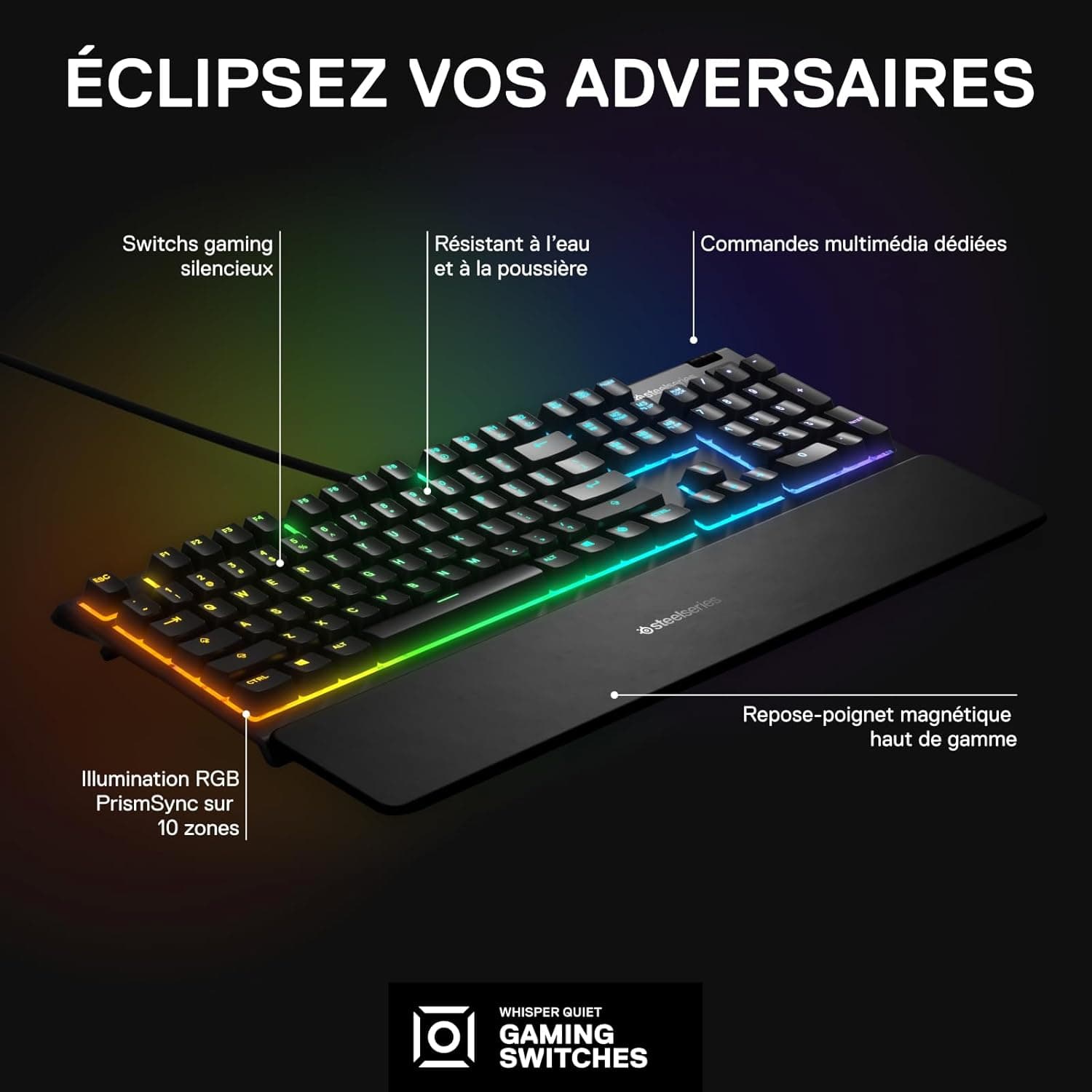 SteelSeries Apex 3 - Clavier de Gaming - Illumination RVB sur 10 Zones - Repose-Mains Magnétique Premium - Agencement Français AZERTY