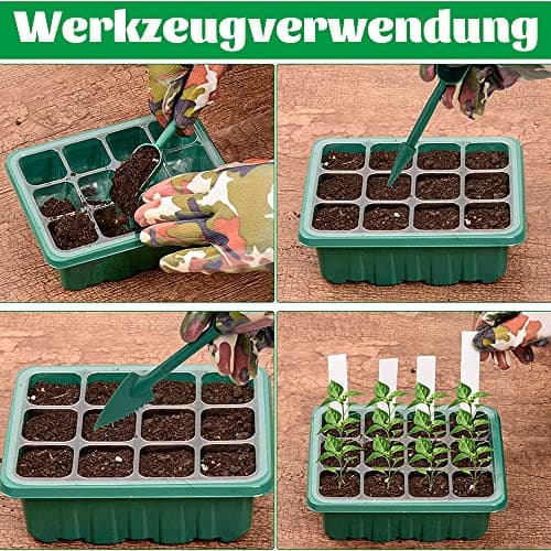 Shengou 10 Pièces Mini Serre pour Semis,Mini Serre pour Plantes,Kit Bac à Semis,Plantes Plateaux à graines avec,avec Outils de Jardinage et 20 étiquettes,Mini Plateau de Serre 12 Trous,Plateau Semis