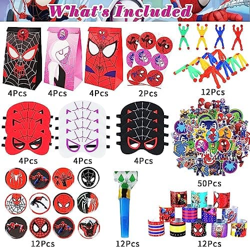 122 Pièce Spiderman Party Jouet Sac Cadeau Anniversaire Enfant Super Heros Sac Cadeau Masque en Feutre Spiderman Autocollants et Autres Ensembles Cadeaux Slap Bracelets Pour Cadeau Anniversaire Enfant