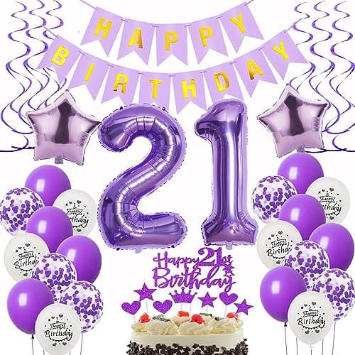 Décoration 21 Ans Anniversaire Femme Violet - Ballons Lilas et Gâteau pour Fête