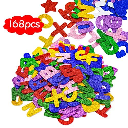 168 Pcs Stickers Lettres en Mousse, Lettres de l'alphabet Stickers Autocollants étoiles Coeur letters Glitter Mousse Activités Manuelles DIY Art Décoration pour Enfants et Adultes